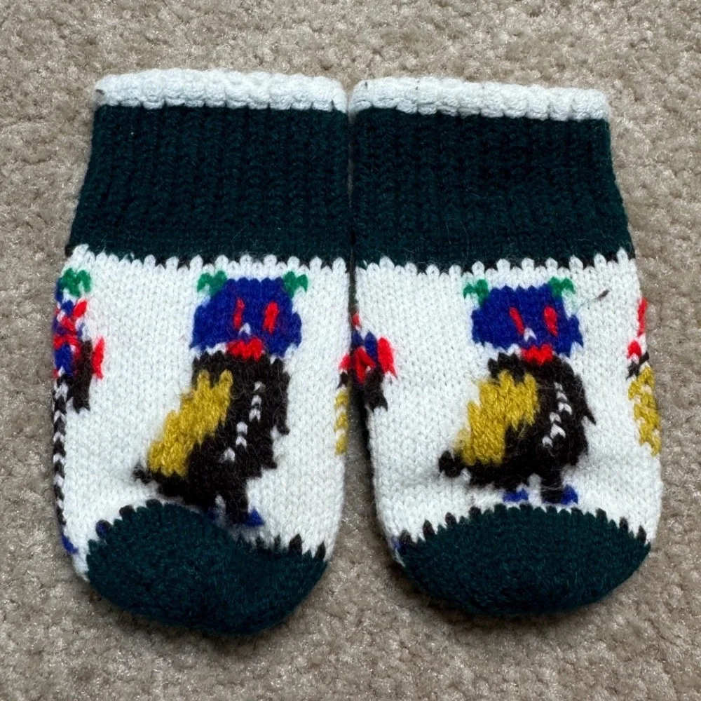 Unbranded Knit Bird Mittens Kids Small Green White Fair Isle Winter Accessory